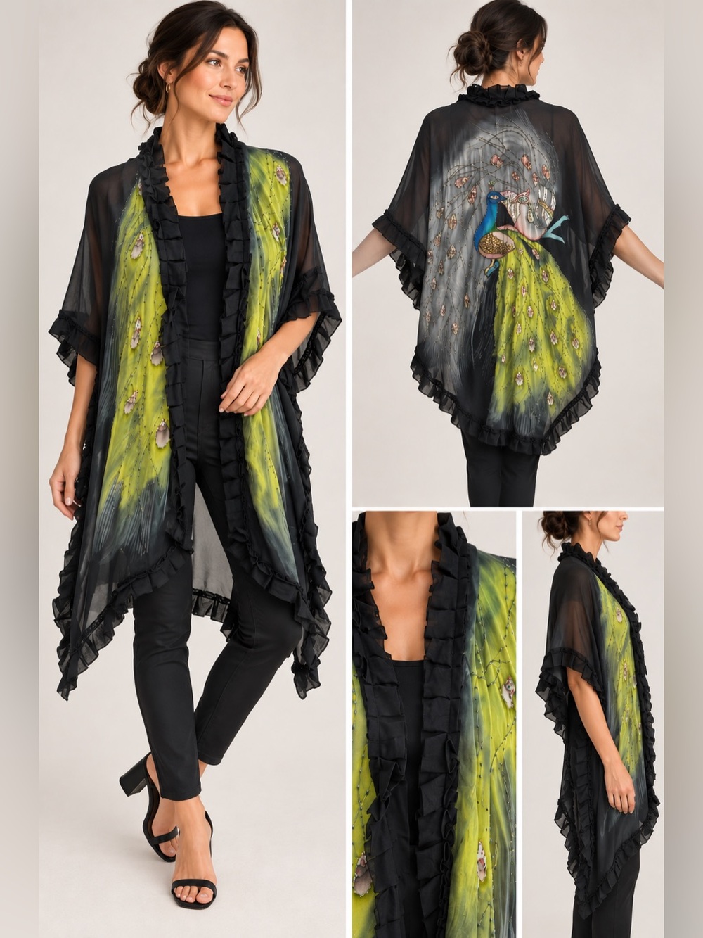 Vintage Lucy’s Silk Hand-Painted Peacock Sheer Black Shawl